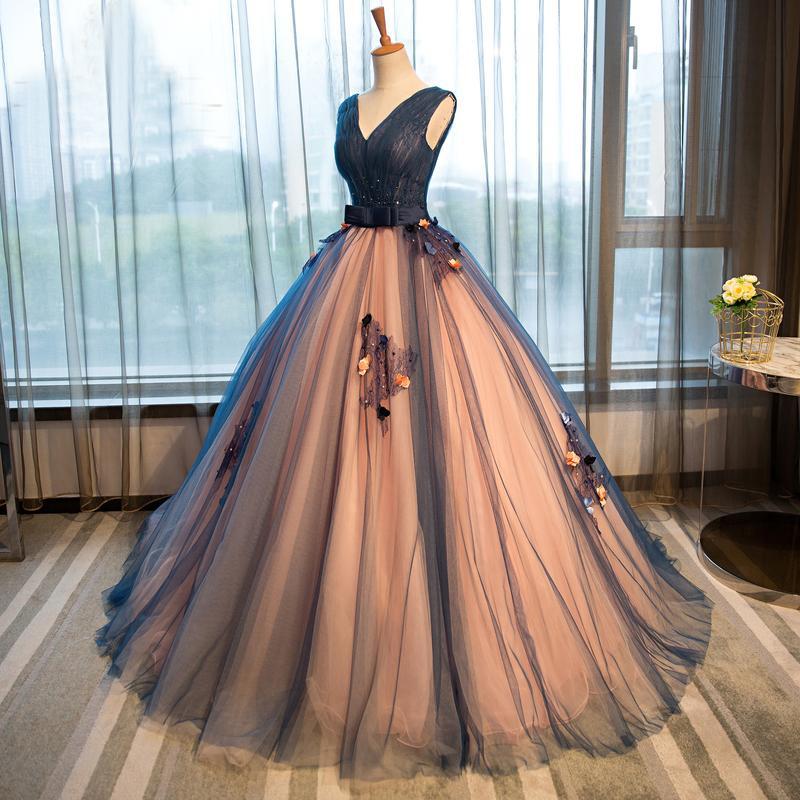 Deep V Neckline Ball Gown Lace Long Evening Prom Dresses, Popular Cheap Long Party Prom Dresses, 17234