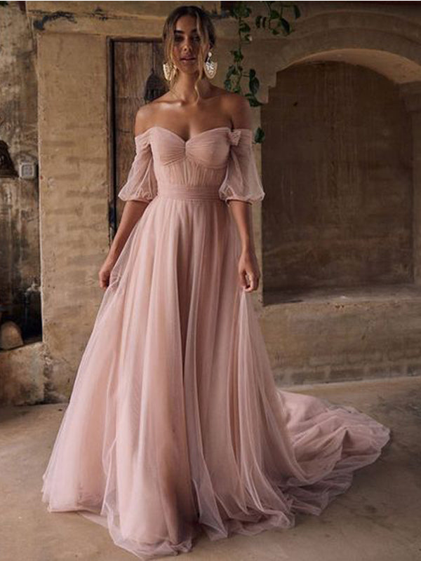Elegant Pink A-line Short Sleeves Off Shoulder Maxi Long Prom Dresses,13075