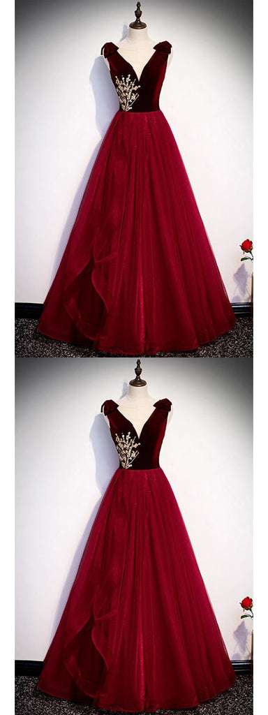 Elegant Red A-line V-neck Cheap Long Prom Dresses Online,12783