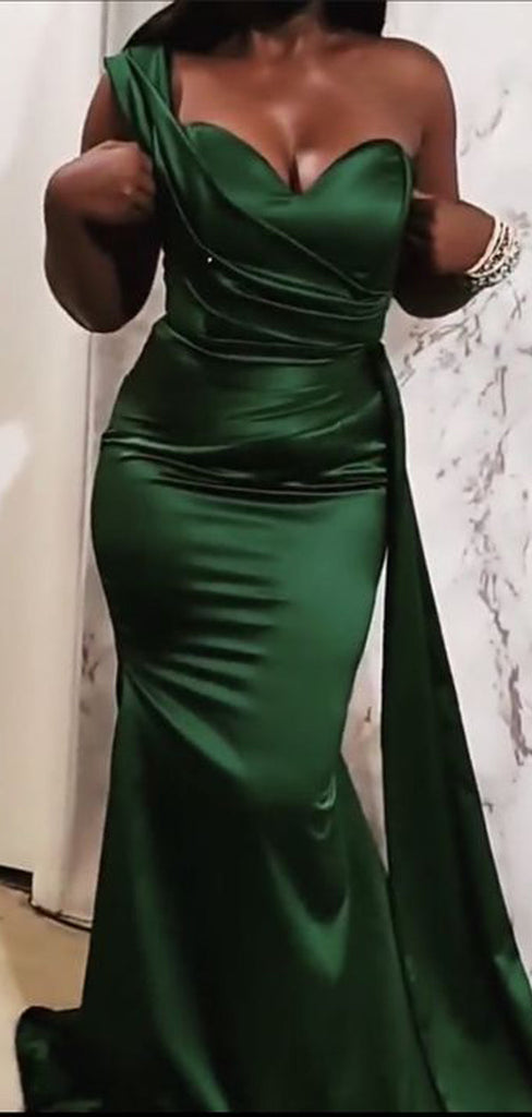 Emerald Green Mermaid One Shoulder Cheap Long Bridesmaid Dresses,WG1295
