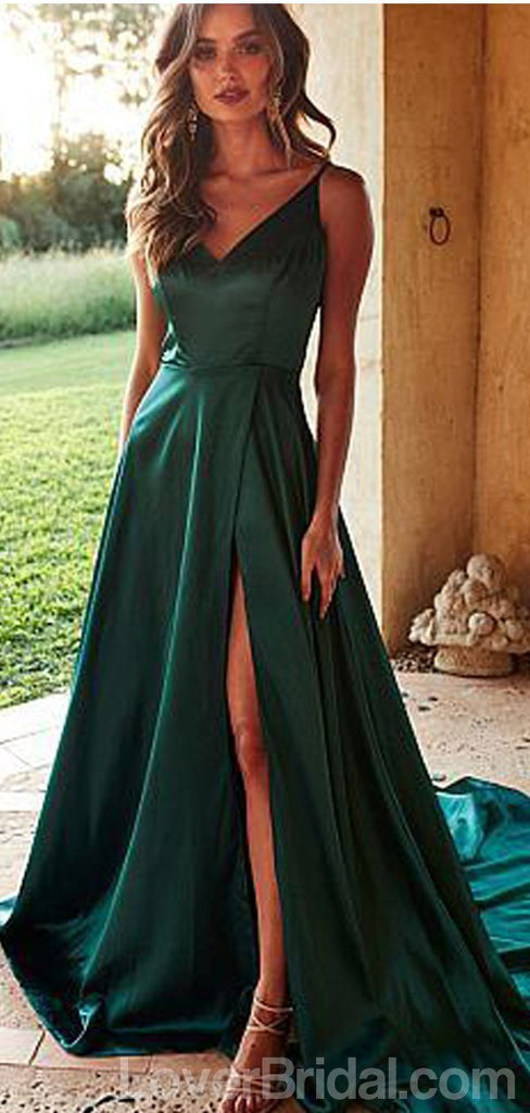 Emerald Green Side Slit Long Evening Prom Dresses, Cheap Custom Party Prom Dresses, 18580
