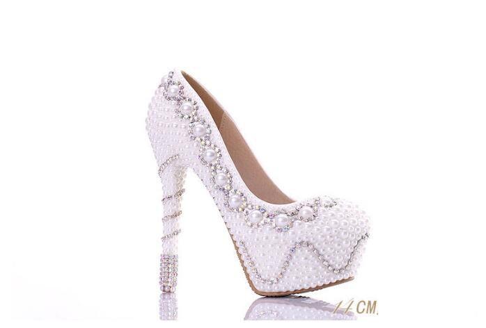Fashion Handmade High Heels Round Toe Pearls Crystal Wedding Shoes, S0039
