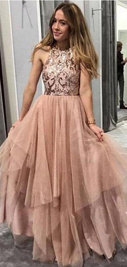 Glittery Sequin Halter A-line Tulle Cheap Long Evening Prom Dresses, Cheap Sweet 16 Dresses, 18365