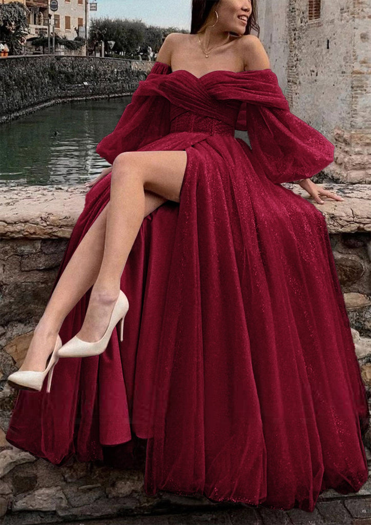 Gorgeous Burgundy A-line High Slit Cheap Maxi Long Prom Dresses,13066