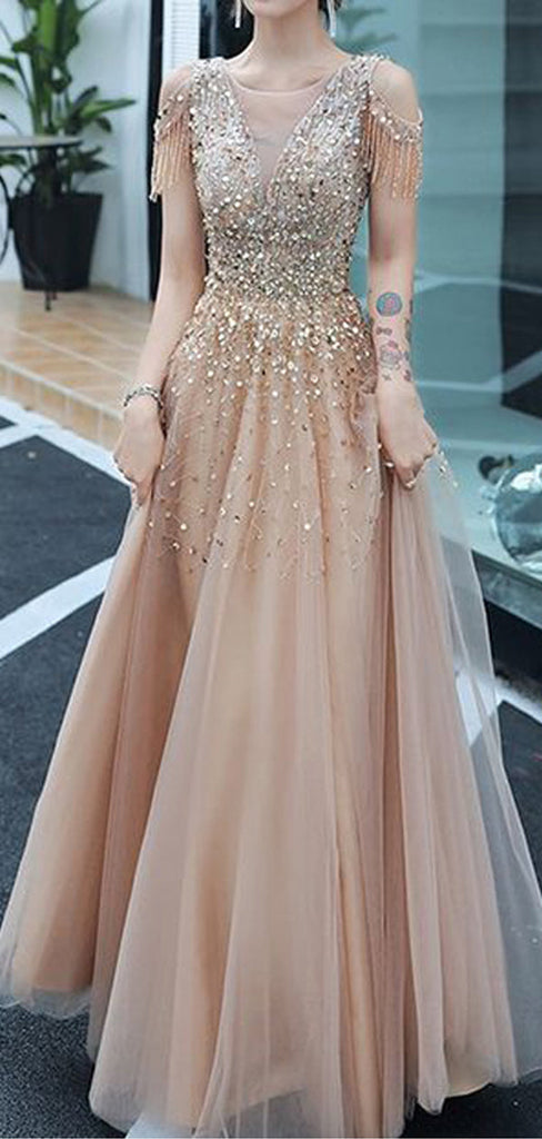Gorgeous Champagne A-line V-neck Maxi Long Prom Dresses,Evening Dresses,12993