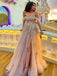 Gorgeous Pink A-line Off Shoulder Side Slit Maxi Long Prom Dresses,13056