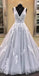 Gray Deep V Neckline Lace A line Long Evening Prom Dresses, Popular Cheap Long Custom Party Prom Dresses, 17332