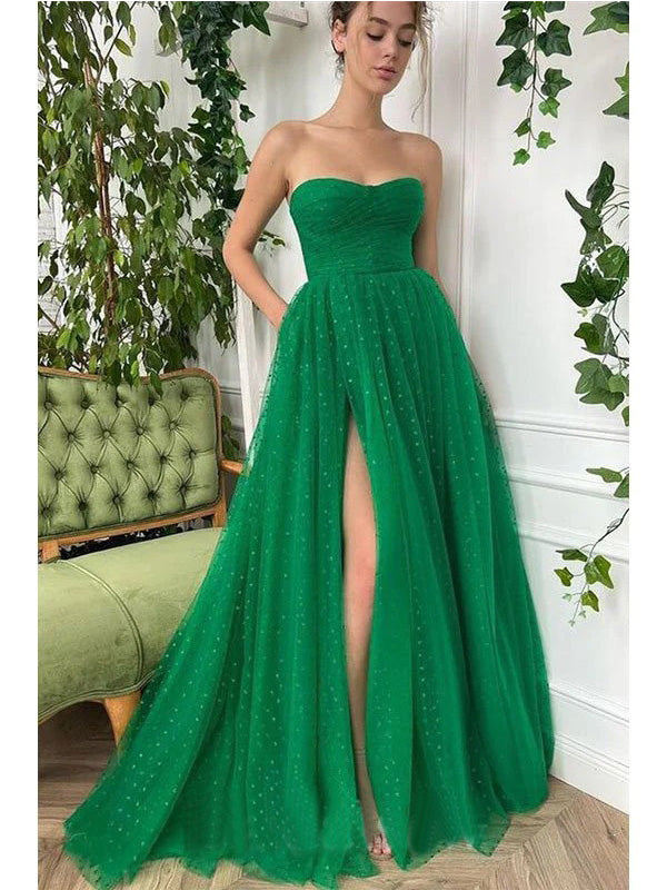 Green A-line Sweetheart Strapless Maxi Long Prom Dresses,Party Prom Dresses,13039