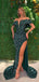 Green Sheath Off Shoulder High Slit Maxi Long Prom Dresses,Evening Dresses,12913
