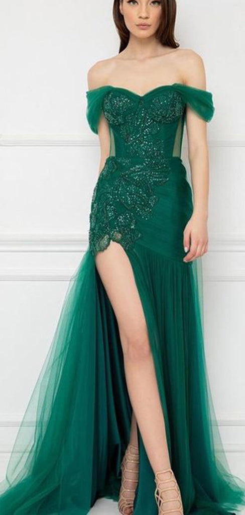 Green Sheath Off Shoulder Side Slit Long Prom Dresses,Evening Dreses,12905