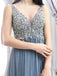Grey Lace Beaded V-Neck Cheap Long Evening Prom Dresses, Evening Party Prom Dresses, 18637