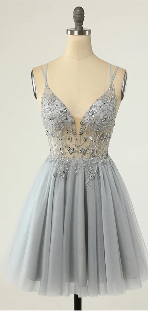 Grey Spaghetti Straps See Through Short Homecoming Dresses,Cheap Short Prom Dresses,CM879