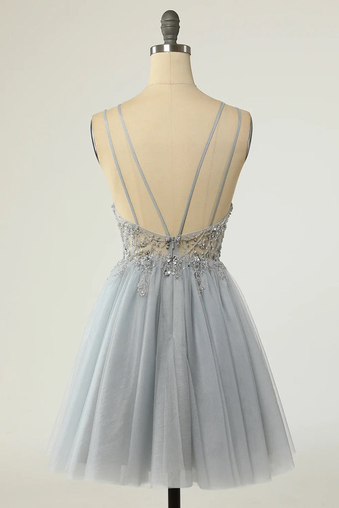 Grey Spaghetti Straps See Through Short Homecoming Dresses,Cheap Short Prom Dresses,CM879