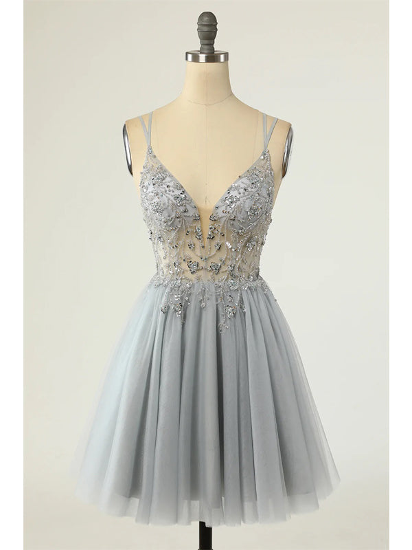 Grey Spaghetti Straps See Through Short Homecoming Dresses,Cheap Short Prom Dresses,CM879