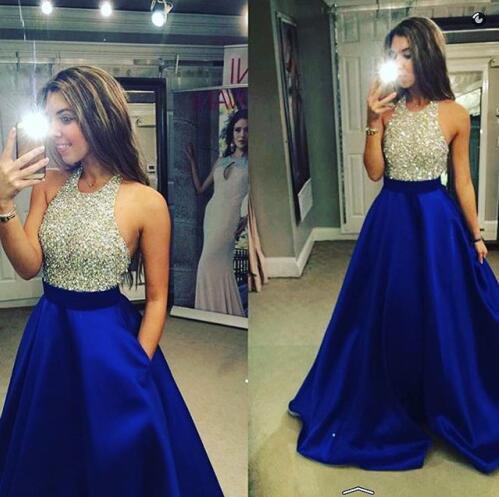 Halter Backless Evening Prom Dresses, Sexy Navy Prom Dress, Long Prom Dress, 2017 Prom Dress, Custom Evening Prom Dresses, 17012