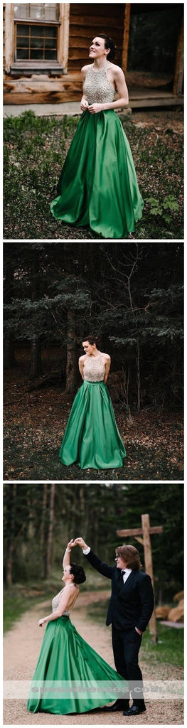 Halter Beaded Green Skirt A-line Long Evening Prom Dresses, Cheap Sweet 16 Dresses, 18310