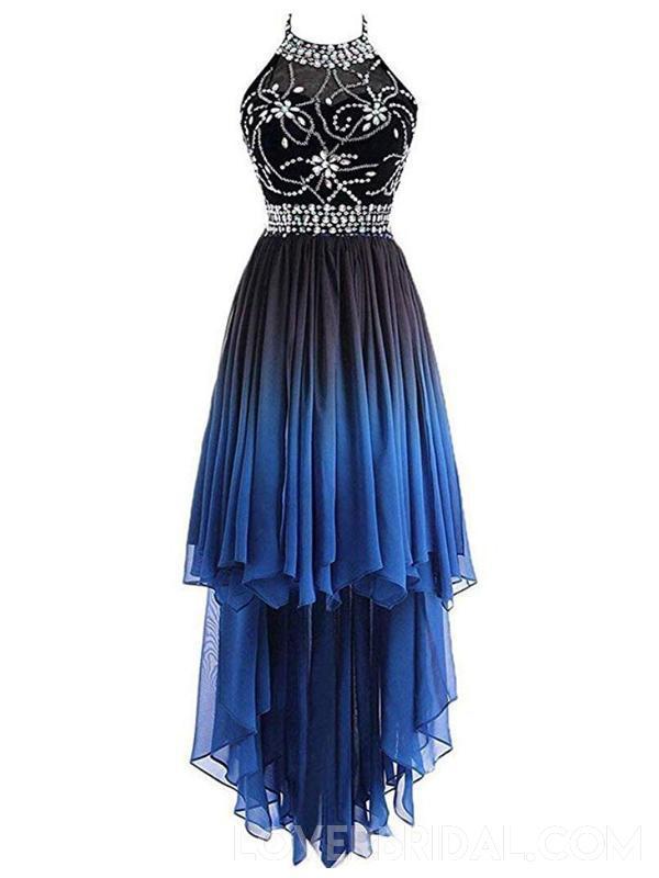 Halter Beaded High Low Chiffon Ombre Cheap Long Evening Prom Dresses, Sweet16 Dresses, 18406