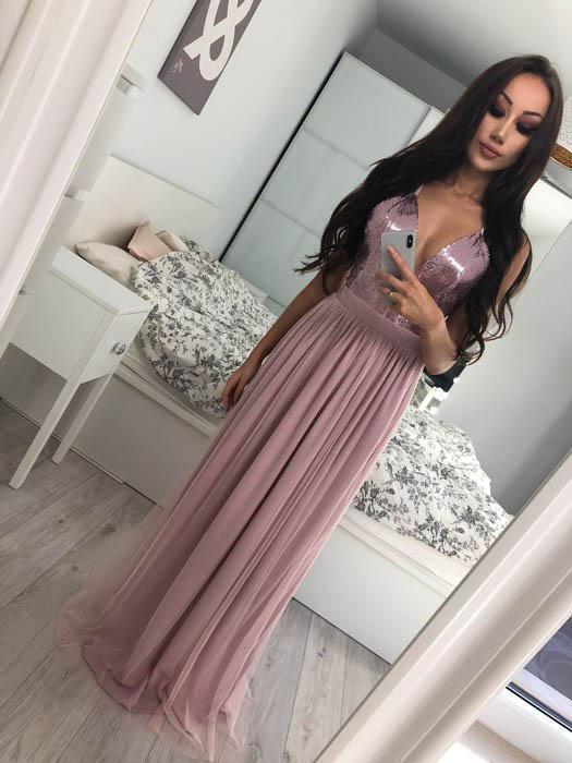 Halter Side Slit Grey Sequin Tulle Long Evening Prom Dresses, Cheap Sweet 16 Dresses, 18384