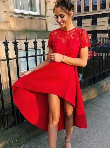 High Neck Red Short Sleeves High Low Cheap Short Homecoming Dresses Online, CM618