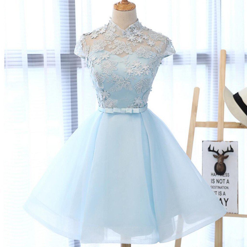 High Neckline Light Blue Cute Homecoming Prom Dresses, Affordable Short Party Prom Sweet 16 Dresses, Perfect Homecoming Cocktail Dresses, CM331