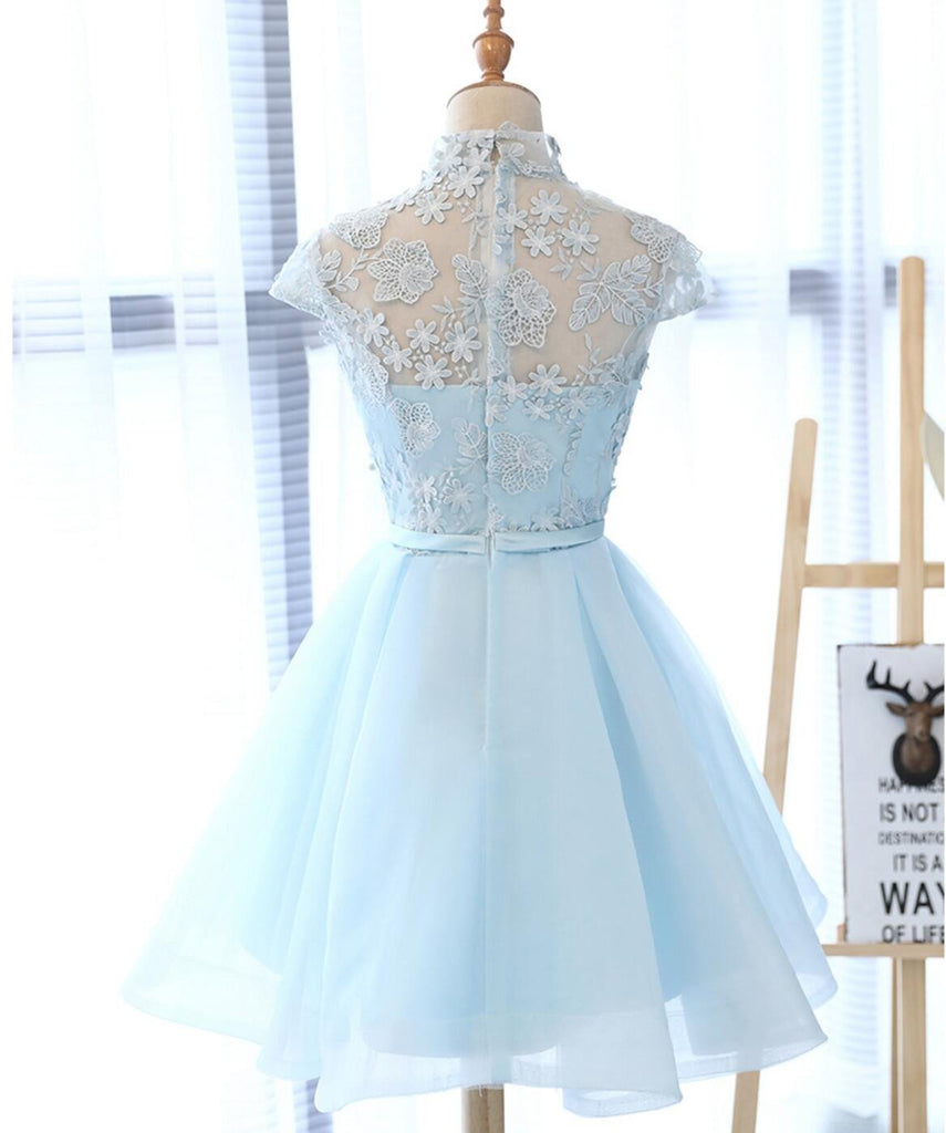 High Neckline Light Blue Cute Homecoming Prom Dresses, Affordable Short Party Prom Sweet 16 Dresses, Perfect Homecoming Cocktail Dresses, CM331