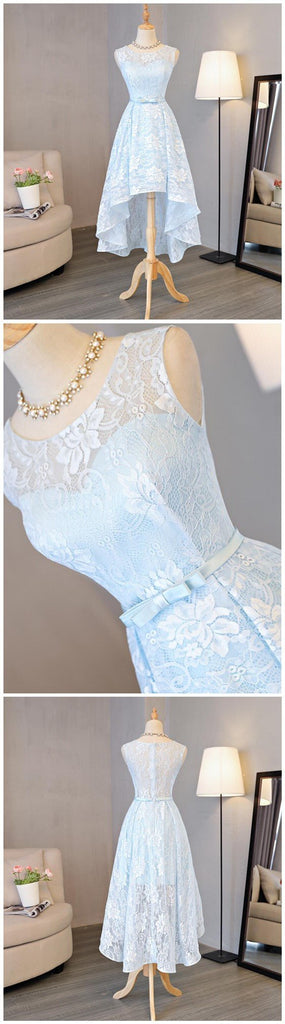 Light Blue Scoop Neckline Lace High Low Homecoming Prom Dresses, Affordable Short Party Prom Sweet 16 Dresses, Perfect Homecoming Cocktail Dresses, CM327