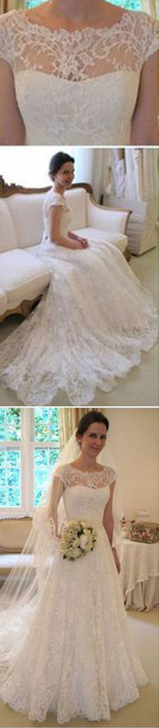 Long A-Line Round Neck Illusion White Lace Wedding Party Dresses, WD0044