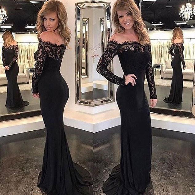 Long Sleeve Black Lace Mermaid Long Evening Prom Dresses, Popular Cheap Long Custom Party Prom Dresses, 17342