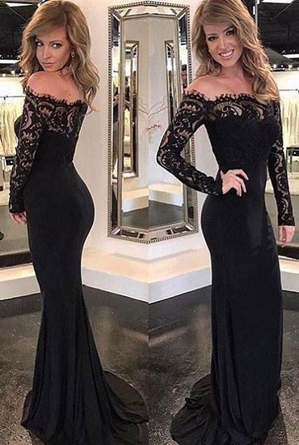 Long Sleeve Black Lace Mermaid Long Evening Prom Dresses, Popular Cheap Long Custom Party Prom Dresses, 17342