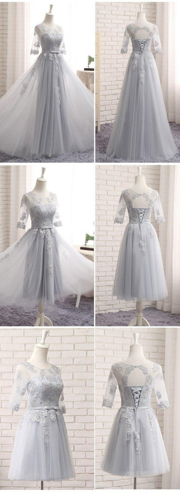 Long Sleeve Gray Lace A line Long Bridesmaid Dresses, Cheap Custom Long Bridesmaid Dresses, Affordable Bridesmaid Gowns, BD020