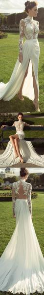 Long Sleeve High Neckline See Through Open Back Lace Wedding Dresses, Custom Made Long Wedding Gown, Cheap Wedding Gowns, WD205