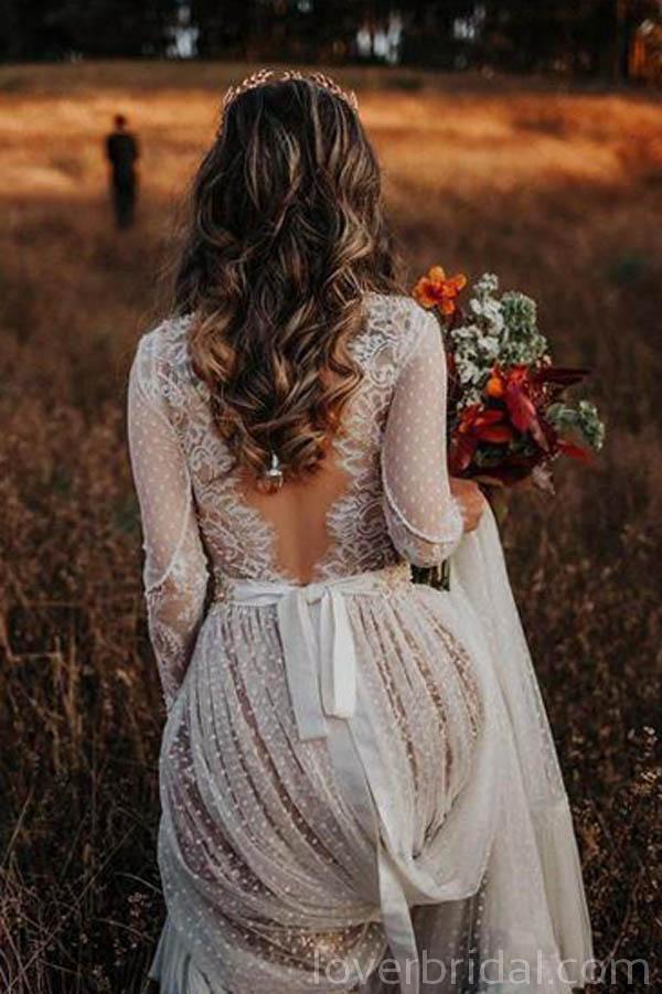 Long Sleeves Backless Lace Cheap Wedding Dresses Online, Cheap Bridal Dresses, WD528