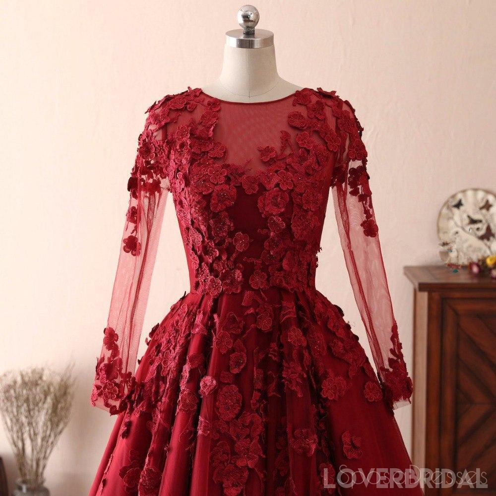 Long Sleeves Lace Dark Red Evening Prom Dresses, Cheap Custom Sweet 16 Dresses, 18533