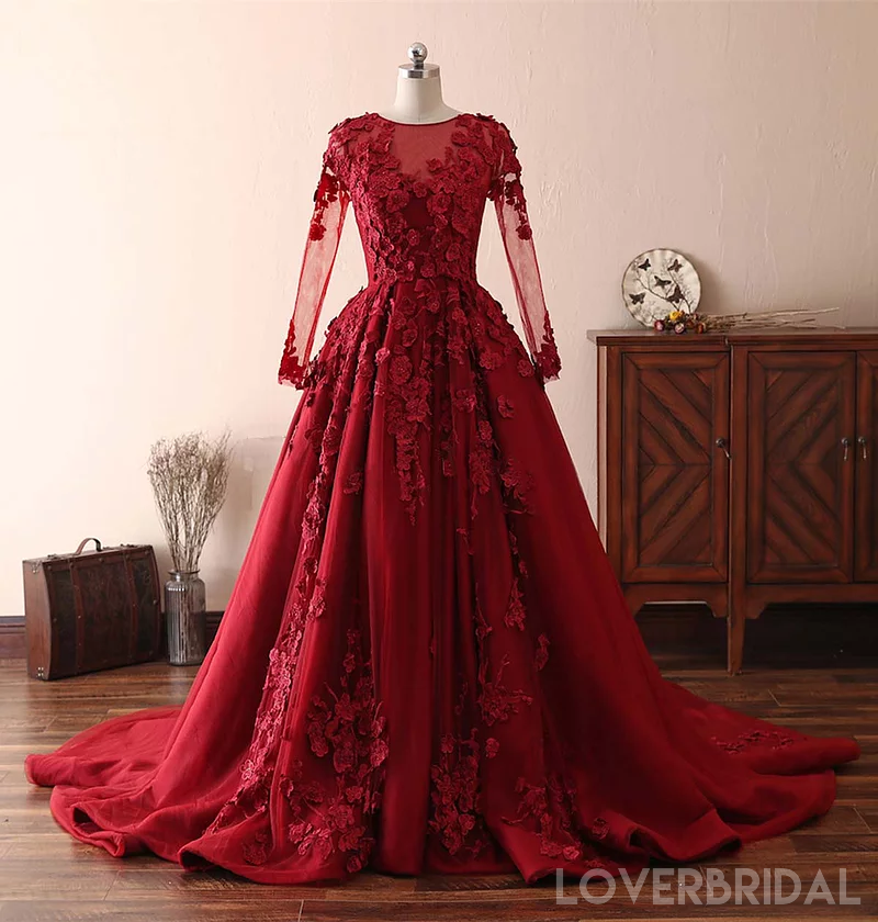 Long Sleeves Lace Dark Red Evening Prom Dresses, Cheap Custom Sweet 16 Dresses, 18533