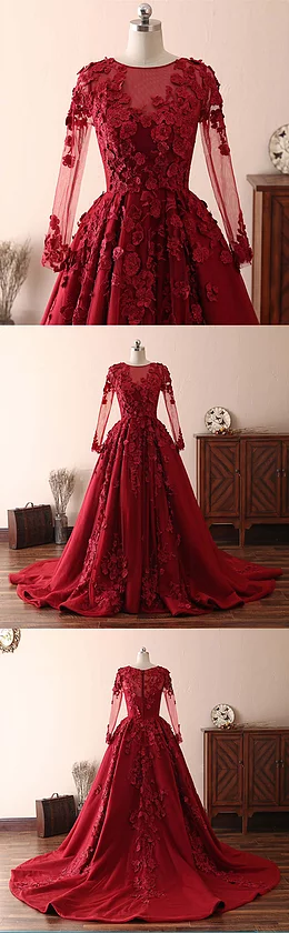 Long Sleeves Lace Dark Red Evening Prom Dresses, Cheap Custom Sweet 16 Dresses, 18533