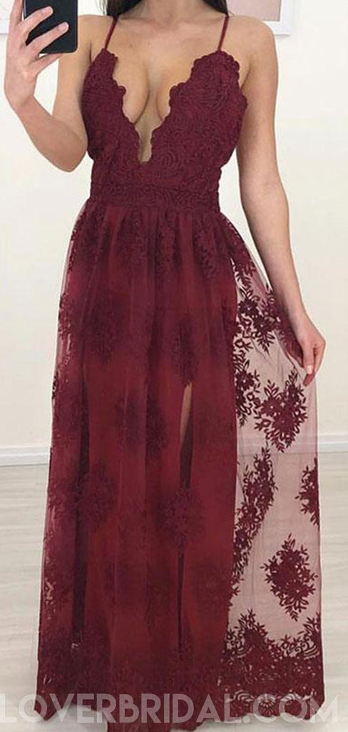 Maroon Side Slit Lace Cheap Long Evening Prom Dresses, Custom Sweet16 Dresses, 18416