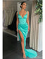 Mint Green Mermaid Straps V-neck High Slit Cheap Long Prom Dresses,12674