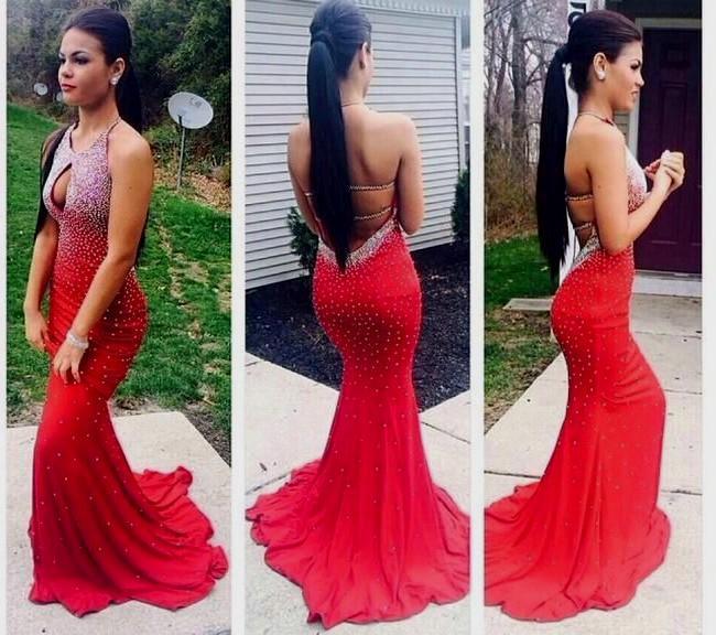 Most Popular Red Sexy Backless Mermaid Long Prom Dress, WG568