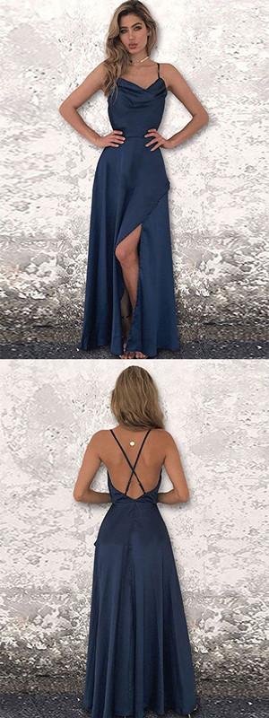 Navy Blue A-line Spaghetti Straps High Slit Long Prom Dresses Online,12421