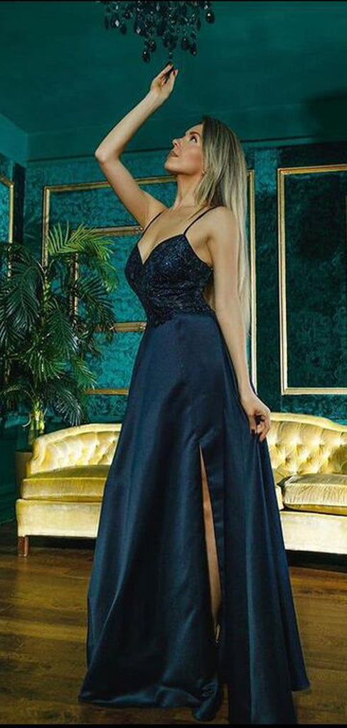 Navy Blue A-line Spaghetti Straps High Slit Maxi Long Prom Dresses,Evening Dresses,12974