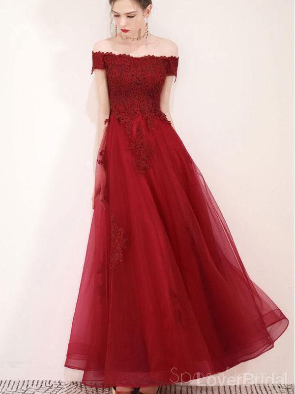Off Shoulder Dark Red Lace Long Evening Prom Dresses, Cheap Party Custom  Prom Dresses, 18620