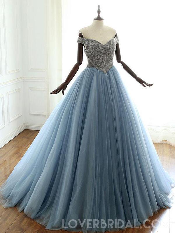 Off Shoulder Dusty Blue Beaded A-line Long Evening Prom Dresses, Cheap Sweet 16 Dresses, 18413