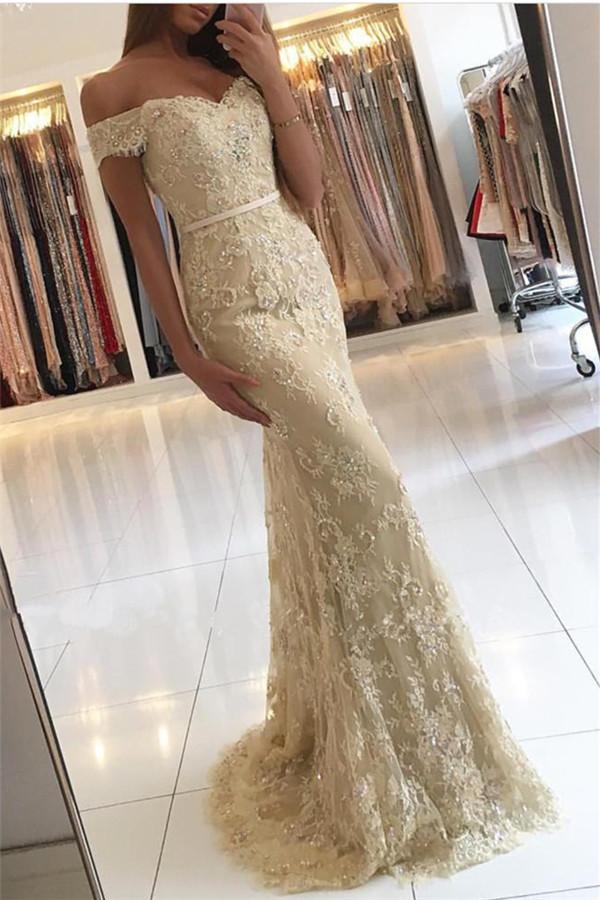 Off Shoulder Gold Lace Mermaid Evening Prom Dresses, Fashion Party Prom Dresses, Custom Long Prom Dresses, Cheap Formal Prom Dresses, 17163