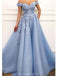 Off Shoulder Handmade Flower Blue Cheap Long Evening Prom Dresses, Evening Party Prom Dresses, 12151