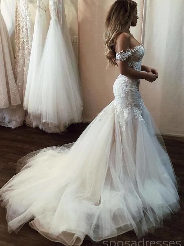 Off Shoulder Lace Mermaid Wedding Dresses Online, Cheap Beach Bridal Dresses, WD473