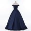 Off Shoulder Navy Blue Beaded A line Long Evening Prom Dresses, Popular Cheap Long Party Prom Dresses, 17230