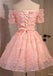 Off Shoulder  Short Sleeve Peach Lace Beaded Homecoming Prom Dresses, Affordable Short Party Prom Dresses, Perfect Homecoming Dresses, CM294