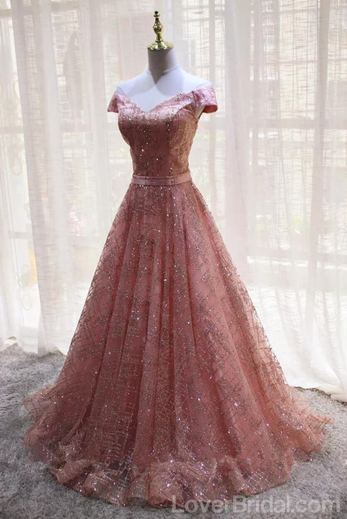 Off Shoulder Sparkly Pink A-line Long Evening Prom Dresses, Cheap Custom Sweet 16 Dresses, 18542