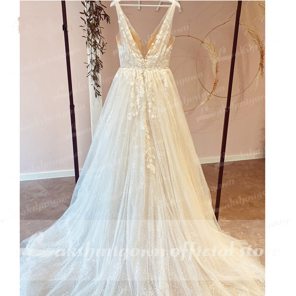 Off White A-line Straps V-neck Handmade Lace Wedding Dresses Online,WD782