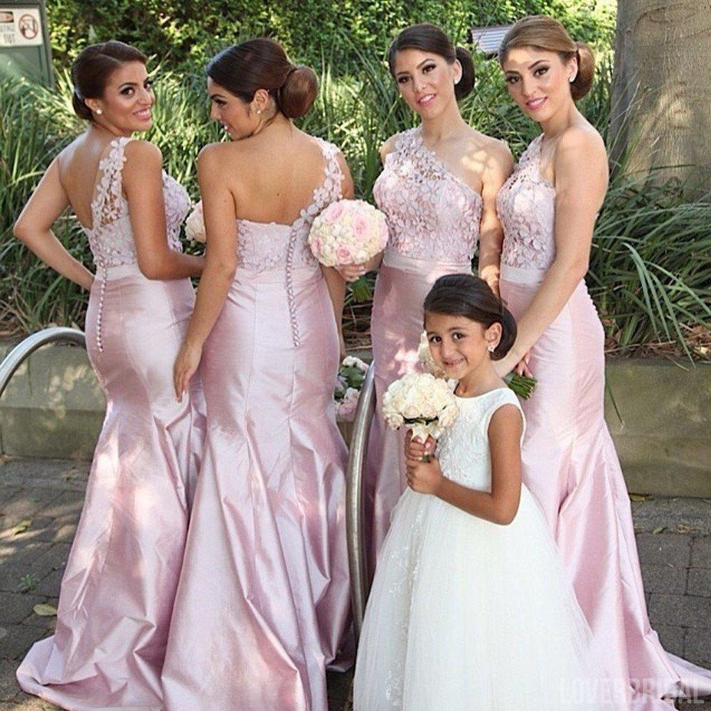 One Shoulder Mermaid Sexy Elegant Pink Long Affordable Bridesmaid Dresses with Handmade Flowers, WG143